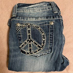 Miss Me Peace Sign Boot Blue Denim Jeans Size 30 Distressed